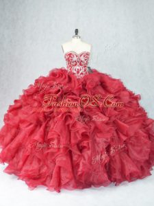 Burgundy Sleeveless Floor Length Beading and Ruffles Lace Up Ball Gown Prom Dress