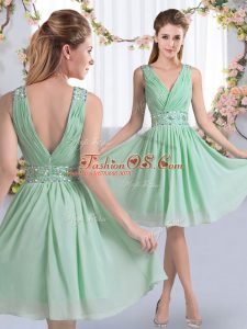 Modest Apple Green V-neck Neckline Beading Dama Dress Sleeveless Zipper