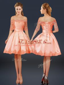 Exceptional Off The Shoulder Half Sleeves Satin Lace and Appliques Lace Up