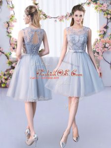 Knee Length Grey Quinceanera Court of Honor Dress Tulle Sleeveless Lace and Belt