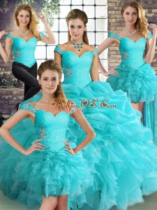 Aqua Blue Sweet 16 Quinceanera Dress Military Ball and Sweet 16 and Quinceanera with Beading and Ruffles and Pick Ups Off The Shoulder Sleeveless Lace Up
