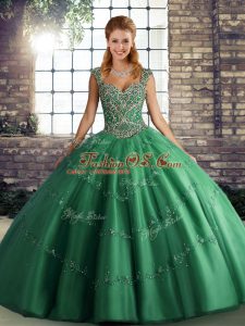 Charming Green Lace Up Straps Beading and Appliques Sweet 16 Dresses Tulle Sleeveless