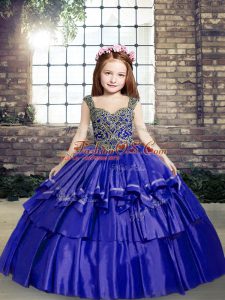 Blue Taffeta Lace Up Kids Formal Wear Sleeveless Beading