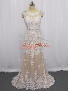 Lace Scoop Cap Sleeves Brush Train Backless Beading and Appliques in Champagne