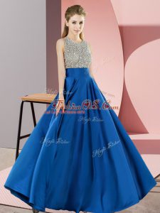 Scoop Sleeveless Elastic Woven Satin Prom Gown Beading Backless