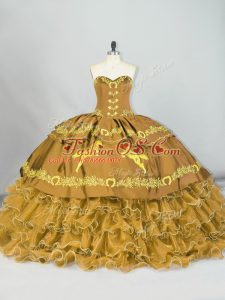 Brown 15th Birthday Dress Sweet 16 and Quinceanera with Embroidery and Ruffled Layers Sweetheart Sleeveless Brush Train Lace Up