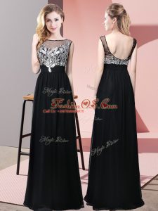 Perfect Sleeveless Floor Length Beading Backless Prom Dress with Black