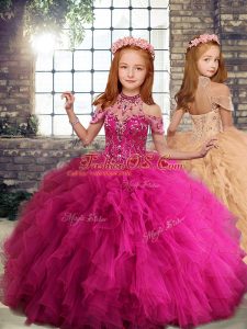 New Arrival Fuchsia Sleeveless Tulle Lace Up Girls Pageant Dresses for Party