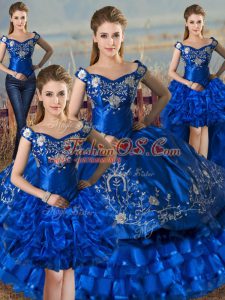 Clearance Off The Shoulder Sleeveless Quinceanera Gown Floor Length Embroidery and Ruffled Layers Royal Blue Satin and Organza