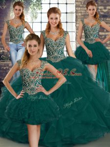 Peacock Green Lace Up Straps Beading and Ruffles Sweet 16 Dresses Tulle Sleeveless