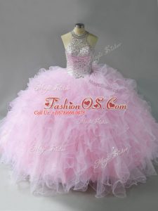 Exquisite Pink Lace Up Halter Top Beading and Ruffles Sweet 16 Dresses Tulle Sleeveless