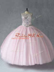 Dazzling Tulle Scoop Sleeveless Lace Up Beading 15 Quinceanera Dress in Baby Pink