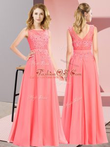 Watermelon Red Chiffon Zipper Scoop Sleeveless Floor Length Vestidos de Damas Beading and Appliques