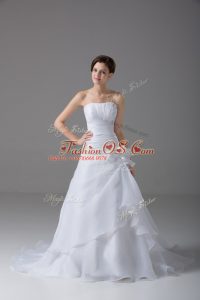 Strapless Sleeveless Organza Wedding Dresses Hand Made Flower Brush Train Lace Up