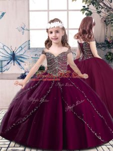 Floor Length Burgundy Kids Formal Wear Straps Sleeveless Lace Up