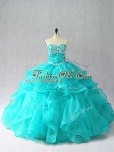 Noble Aqua Blue Ball Gowns Organza Sweetheart Sleeveless Beading and Ruffles Floor Length Lace Up Sweet 16 Quinceanera Dress