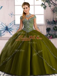 Fabulous Olive Green Sweetheart Lace Up Beading Quinceanera Gowns Brush Train Cap Sleeves