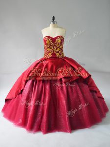 Glittering Wine Red Lace Up Quinceanera Gown Beading and Embroidery Sleeveless Court Train