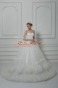White Sweetheart Neckline Beading and Hand Made Flower Wedding Gowns Sleeveless Lace Up
