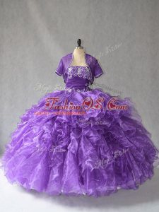 Graceful Floor Length Purple 15th Birthday Dress Taffeta Sleeveless Beading and Ruffles