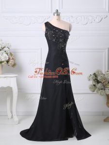 Enchanting Black Side Zipper One Shoulder Beading and Lace Juniors Evening Dress Taffeta Sleeveless Brush Train