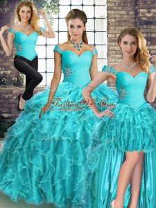 Edgy Aqua Blue Three Pieces Organza Off The Shoulder Sleeveless Beading and Ruffles Lace Up Sweet 16 Dresses Brush Train