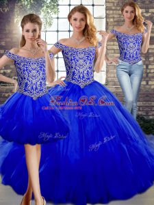 Best Selling Royal Blue Three Pieces Tulle Off The Shoulder Sleeveless Beading and Ruffles Floor Length Lace Up Quinceanera Gown