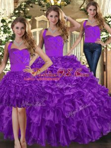 Fine Purple Organza Lace Up Quinceanera Dresses Sleeveless Floor Length Ruffles
