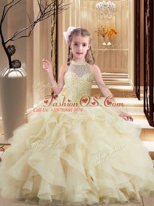 Light Yellow Ball Gowns Beading and Ruffles Kids Pageant Dress Lace Up Tulle Sleeveless
