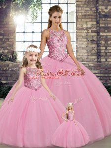 Pink Scoop Neckline Embroidery Sweet 16 Quinceanera Dress Sleeveless Lace Up