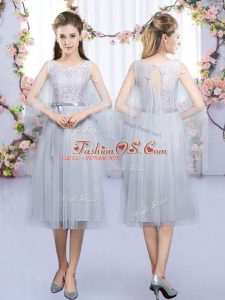 Best Lace and Belt Dama Dress for Quinceanera Grey Lace Up Sleeveless Tea Length