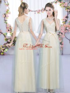 Wonderful Floor Length Lace Up Damas Dress Champagne for Wedding Party with Lace and Bowknot