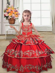 High Quality Sleeveless Lace Up Floor Length Embroidery and Ruffled Layers Little Girls Pageant Dress