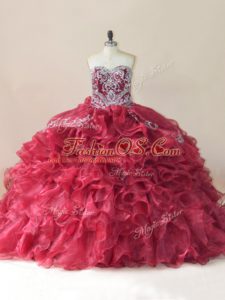 Chic Wine Red Sleeveless Organza Brush Train Lace Up Sweet 16 Dress for Sweet 16 and Quinceanera