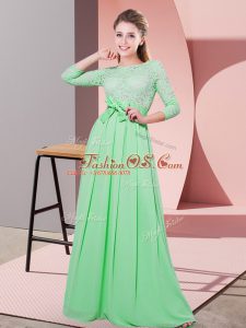 Apple Green Chiffon Side Zipper Scoop 3 4 Length Sleeve Floor Length Dama Dress for Quinceanera Lace and Belt