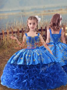 Blue Little Girl Pageant Dress Straps Sleeveless Sweep Train Lace Up