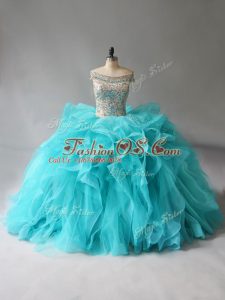 Inexpensive Aqua Blue Ball Gowns Organza Off The Shoulder Sleeveless Beading and Ruffles Lace Up Sweet 16 Quinceanera Dress Brush Train
