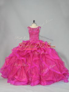 Hot Pink Organza Lace Up Scoop Sleeveless Sweet 16 Dresses Brush Train Beading and Ruffles