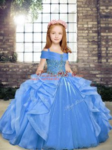 Floor Length Lace Up Girls Pageant Dresses Blue for Party and Sweet 16 and Wedding Party with Beading and Ruffles