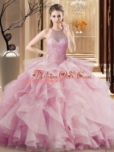 Sweet Halter Top Sleeveless Organza Sweet 16 Quinceanera Dress Beading and Ruffles Sweep Train Lace Up