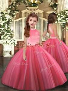 Coral Red Tulle Zipper High-neck Sleeveless Floor Length Kids Formal Wear Beading