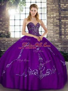 Beading and Embroidery 15 Quinceanera Dress Purple Lace Up Sleeveless Floor Length