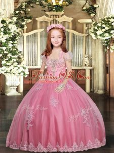Stylish Pink Ball Gowns Appliques Little Girls Pageant Dress Wholesale Lace Up Tulle Sleeveless Floor Length