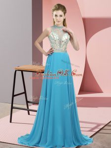 Sexy Aqua Blue Empire Beading Juniors Party Dress Backless Chiffon Sleeveless