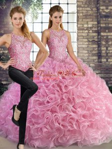 Rose Pink Scoop Neckline Beading Vestidos de Quinceanera Sleeveless Lace Up