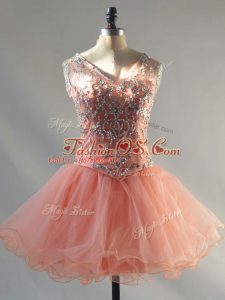 Artistic Peach Sleeveless Mini Length Beading Lace Up Prom Dress