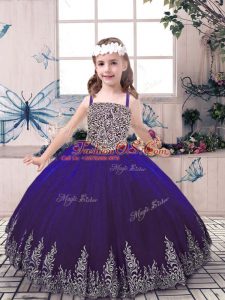 Purple Ball Gowns Straps Sleeveless Tulle Floor Length Lace Up Beading and Embroidery Girls Pageant Dresses