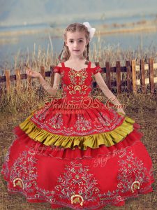 Low Price Red Sleeveless Beading and Embroidery Floor Length Little Girls Pageant Dress