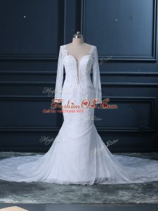 Adorable Tulle and Lace Long Sleeves Wedding Gown Court Train and Beading and Lace