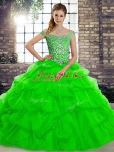 Off The Shoulder Sleeveless Vestidos de Quinceanera Brush Train Beading and Pick Ups Green Tulle